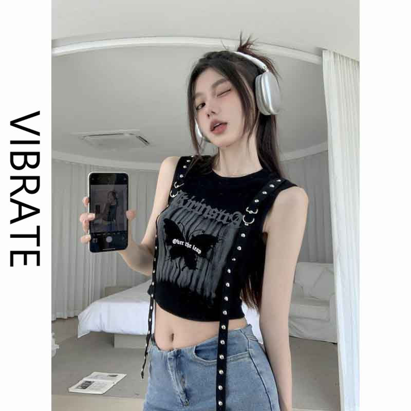 VIBRATE甜酷小吊帶女士夏季新款小心機無袖字母短款露臍背心上衣