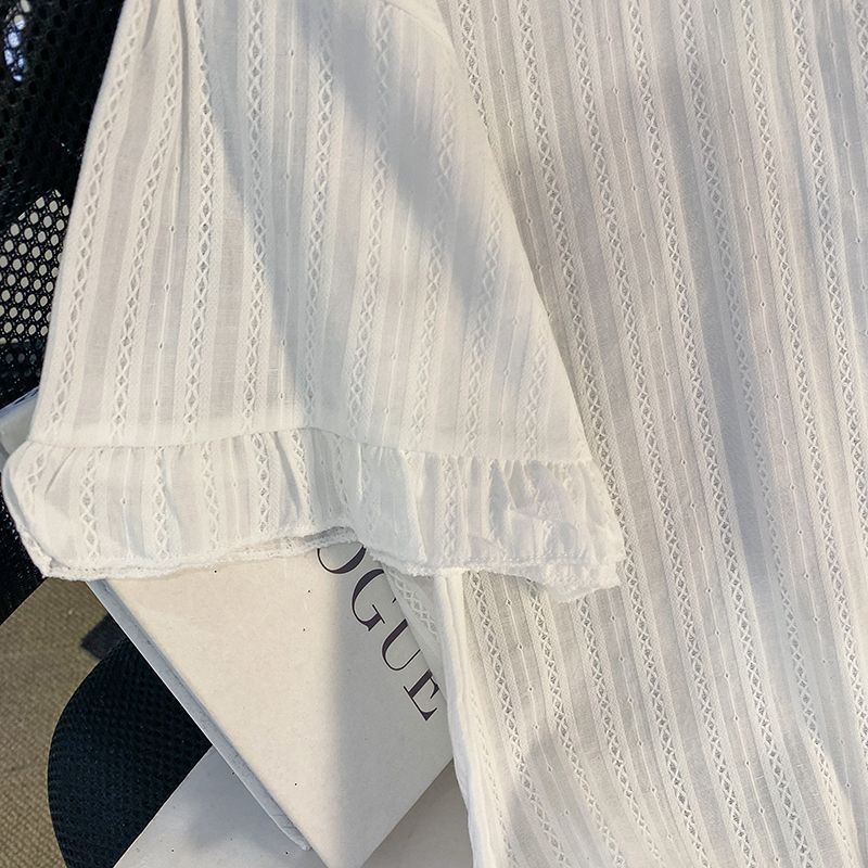 纯棉日系翻领衬衫女2023夏季通勤百搭设计感白色甜美花边短袖上衣