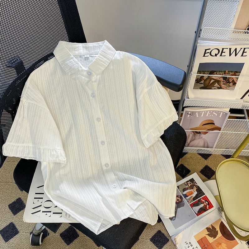纯棉日系翻领衬衫女2023夏季通勤百搭设计感白色甜美花边短袖上衣