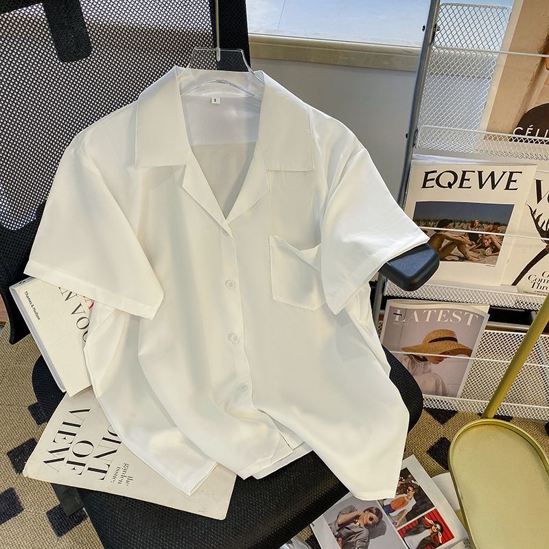 白色西裝領襯衫女短袖夏洋氣寬鬆別致上衣簡約韓系設計感通勤襯衣