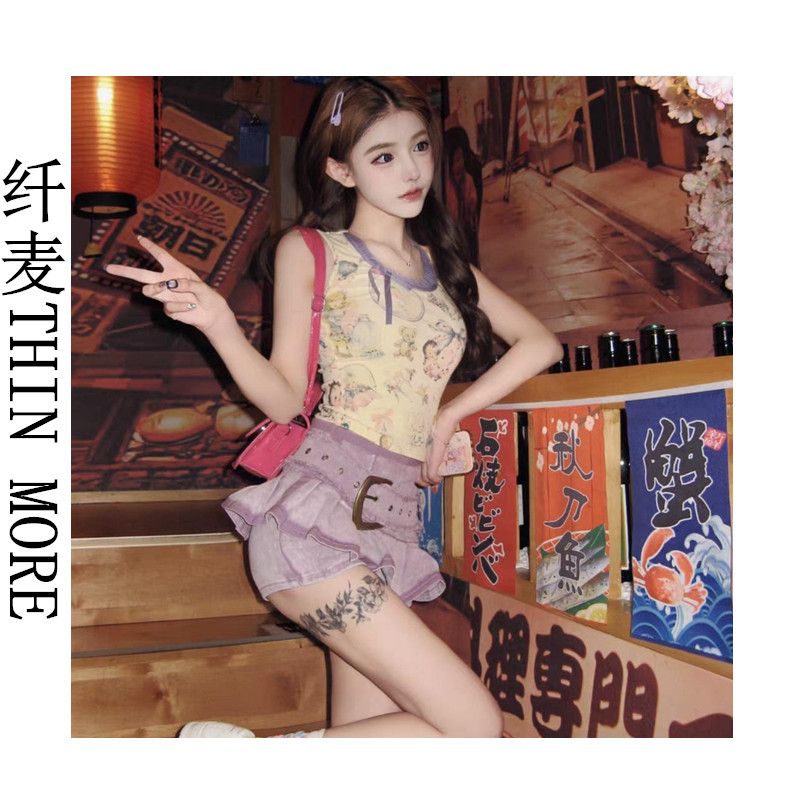 Fianmai THIN MORE spicy cartoon print outer camisole women's summer short bow slim top