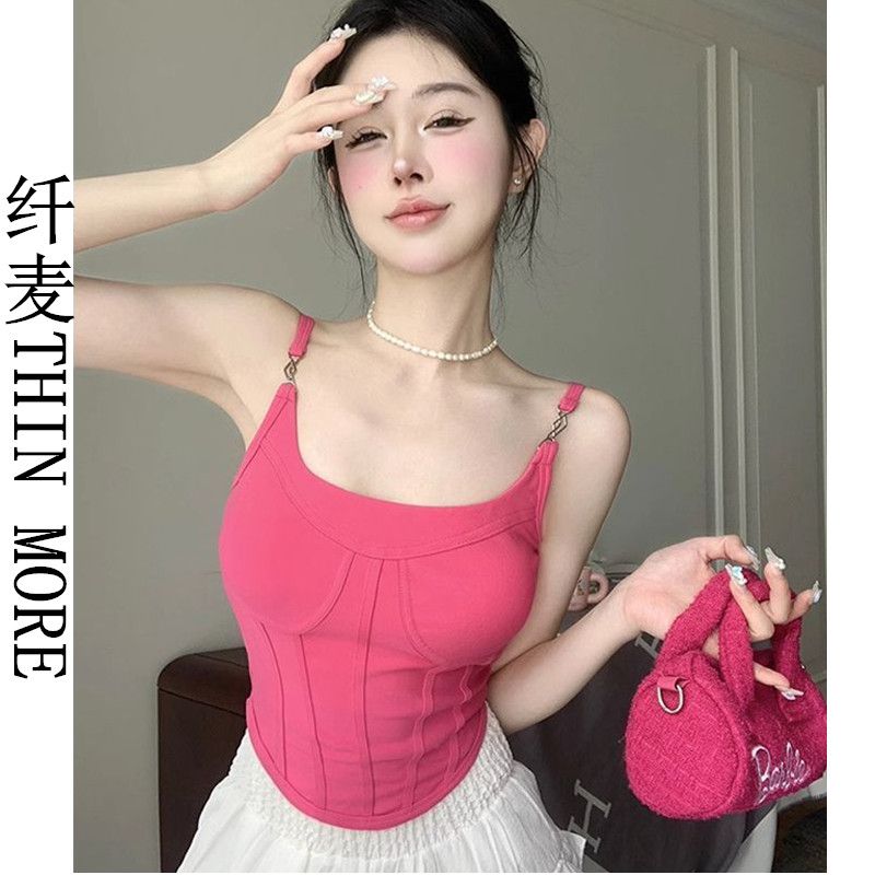 纖麥THIN MORE漏背小吊帶夏季多巴胺女孩穿搭玫粉色無袖背心外穿