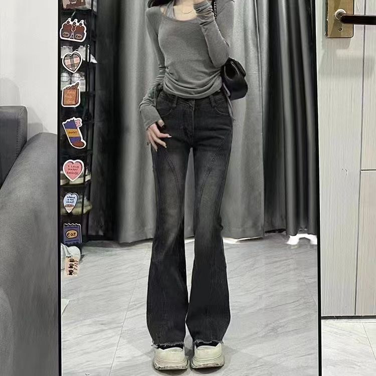 黑灰色毛邊微喇叭牛仔褲女水洗拖地長褲百搭彈力秋冬季馬蹄不規則