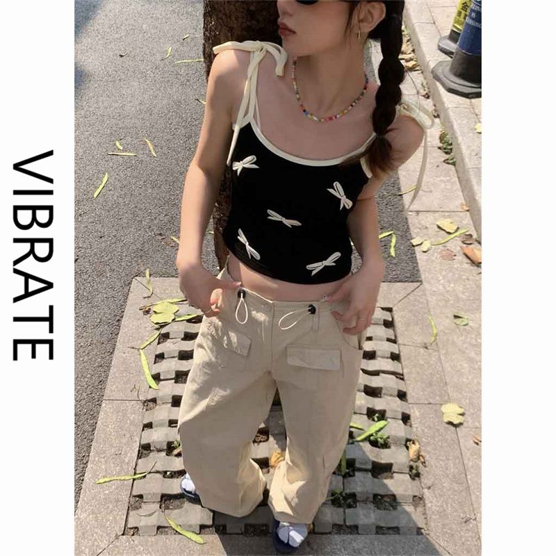 VIBRATE美式復古吊帶背心女夏季辣妹純欲蝴蝶結無袖外穿短款上衣