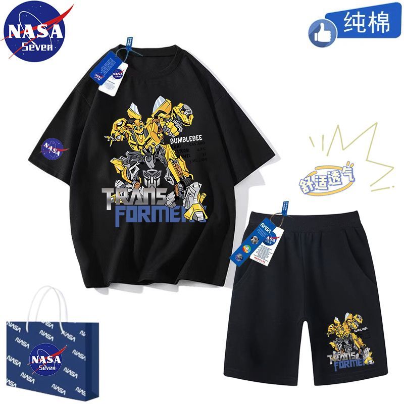 NASA變形金剛衣服套裝夏季純棉T恤男通大黃蜂兒童短袖短褲兩件套
