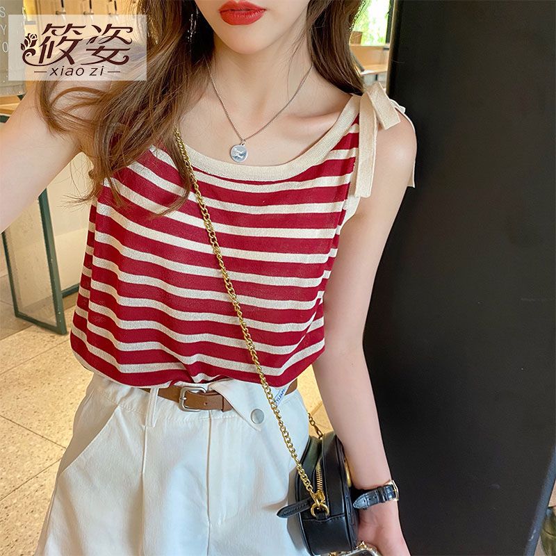 筱姿顯瘦條紋小背心吊帶女夏季設計感小眾2023年新款內搭無袖上衣