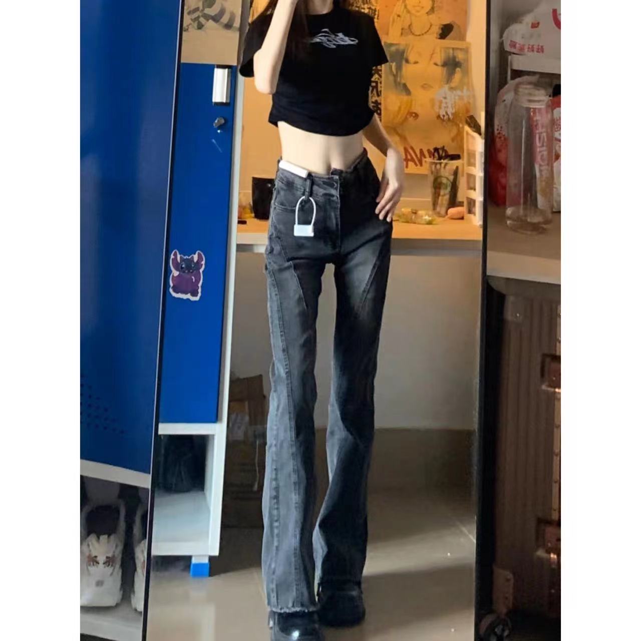 秋冬季黑灰色微喇叭牛仔褲女修身顯瘦毛邊拖地長褲彈力水洗馬蹄褲