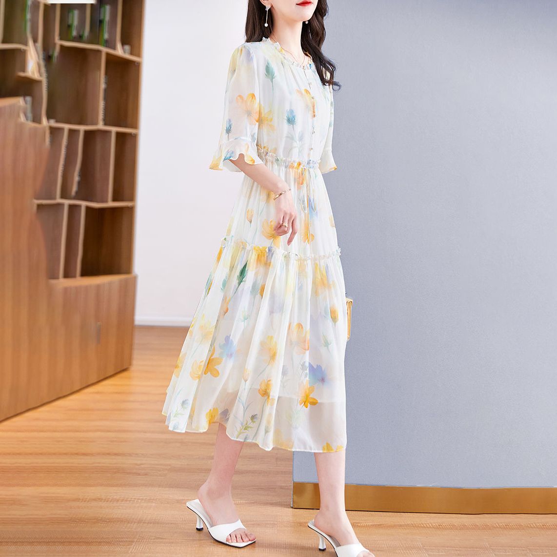 超仙奢華氣質真絲桑蠶絲連衣裙2023夏季新款寬鬆顯瘦媽媽洋氣長裙