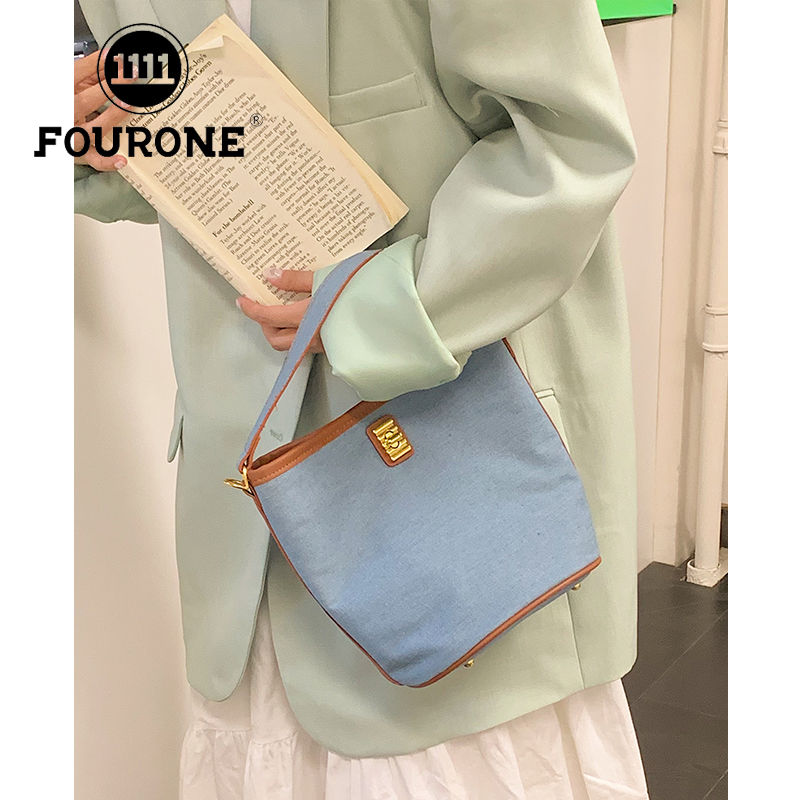 ins denim PU bucket bag women's exquisite versatile retro large capacity outdoor hand-carrying crossbody bag