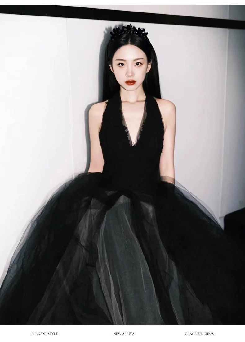 ブラック Vネック プリンセス イブニングドレス 女性 宴会 ホスト 美術