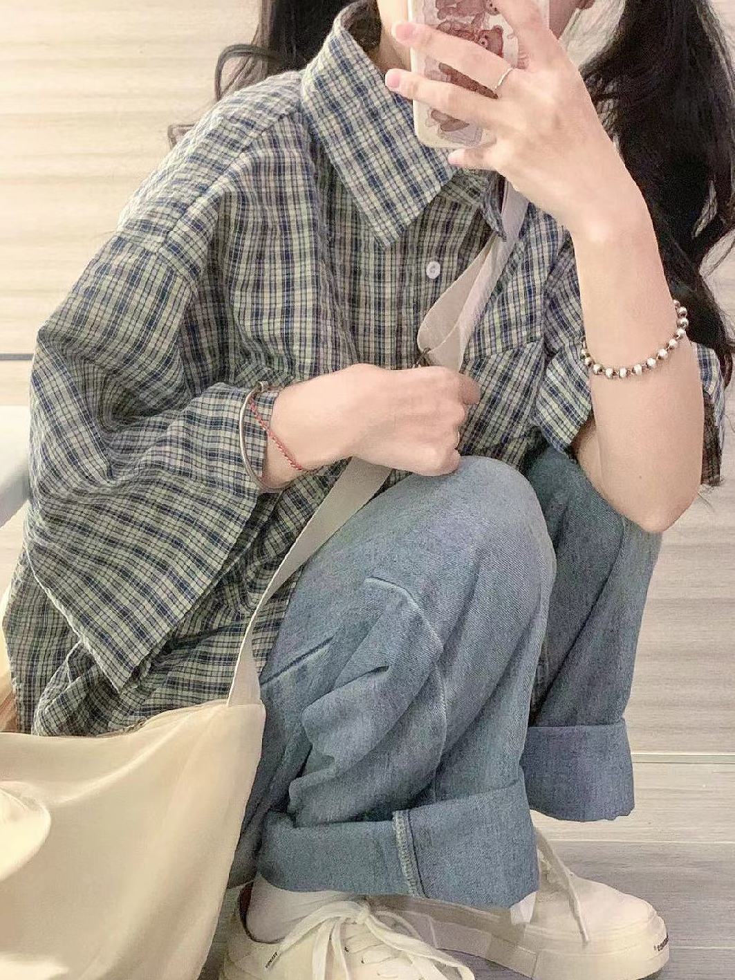 2023夏季新款藏青色格子襯衫短袖女港風寬鬆休閒襯衣外穿百搭上衣