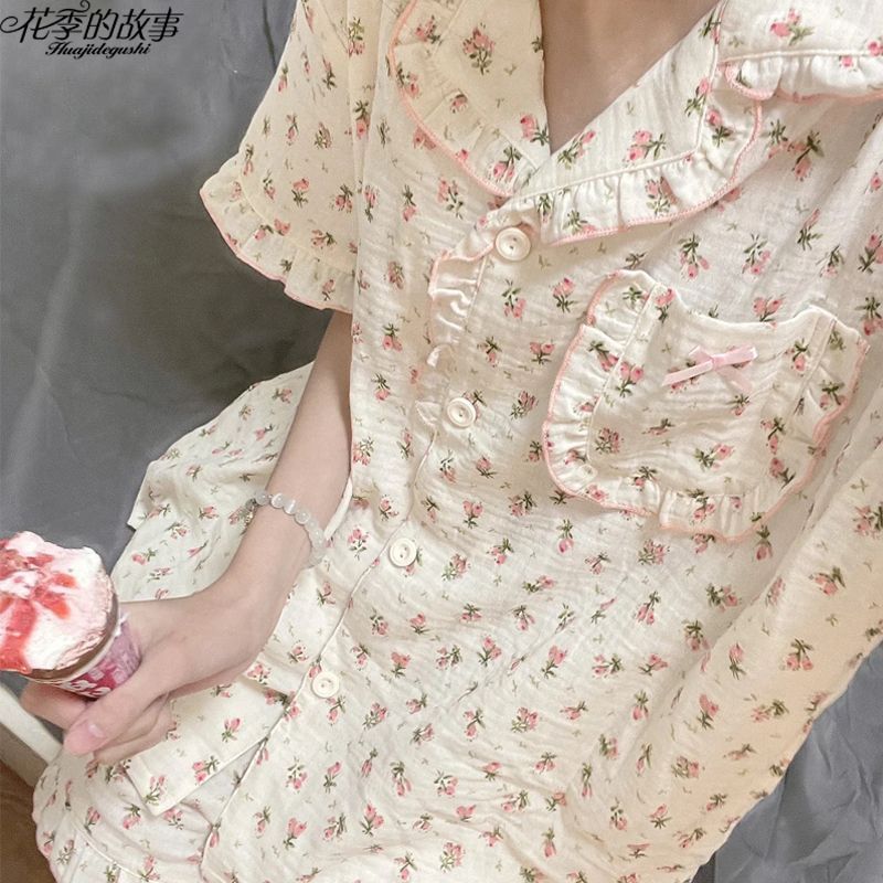花季的故事睡衣女夏季碎花短袖短褲網紅風少女甜美學生家居服套裝