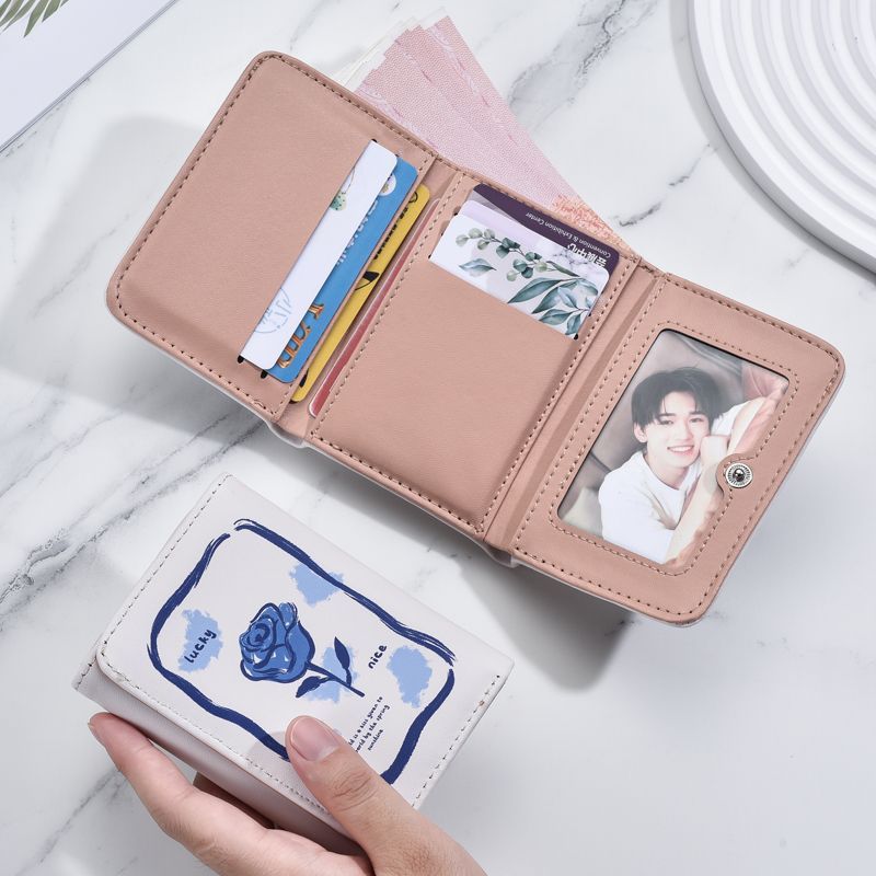 Klein Blue Rose Tri-fold Wallet Women's Niche Personality High-end Cute Small Coin Purse Short Wallet Card Holder