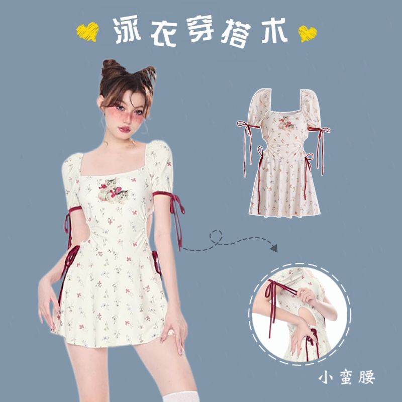 高級感泳衣女新款連體裙式韓ins小貓印花保守遮肚顯瘦純欲少女風