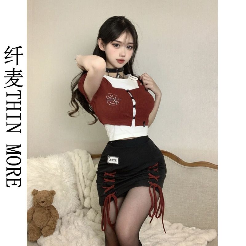 纖麥THIN MORE千禧辣妹美式假兩件短袖純欲綁帶顯瘦搖滾女孩夏季