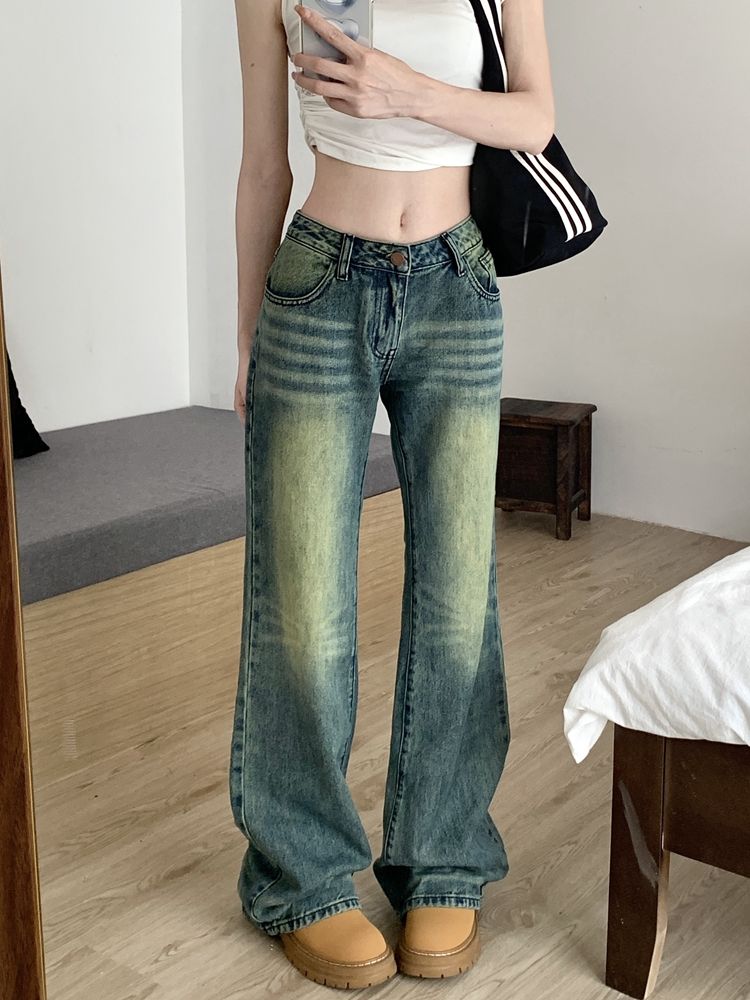 復古水洗做舊辣妹低腰微喇叭牛仔褲女秋季寬鬆顯瘦直筒闊腿褲子潮