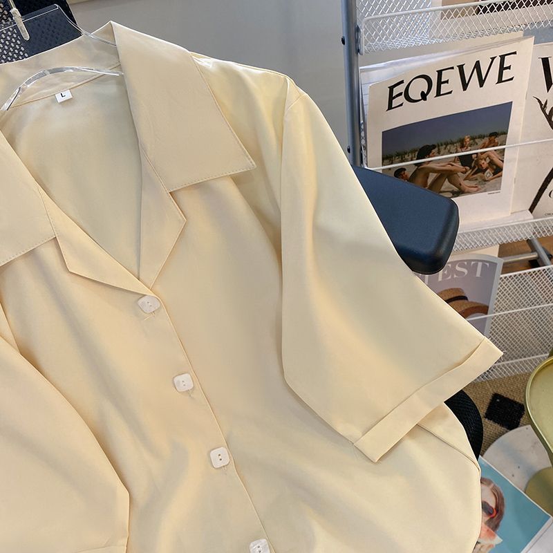 纯色短袖西装领衬衫女夏新款设计感洋气通勤法式职业宽松别致上衣