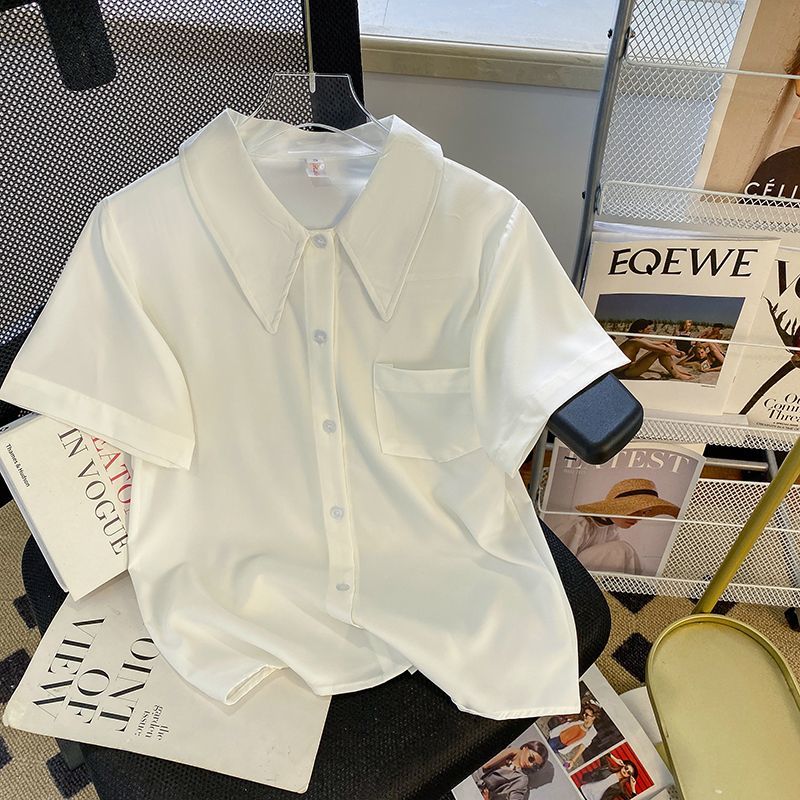 白色法式翻领衬衫女短袖设计感上衣夏装简约通勤气质职业面试衬衣