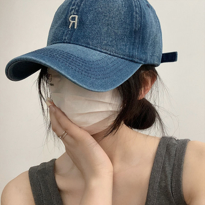 Baseball hat for women spring and autumn letter denim Korean version simple deep top big head circumference showing face small sunshade peaked cap for men