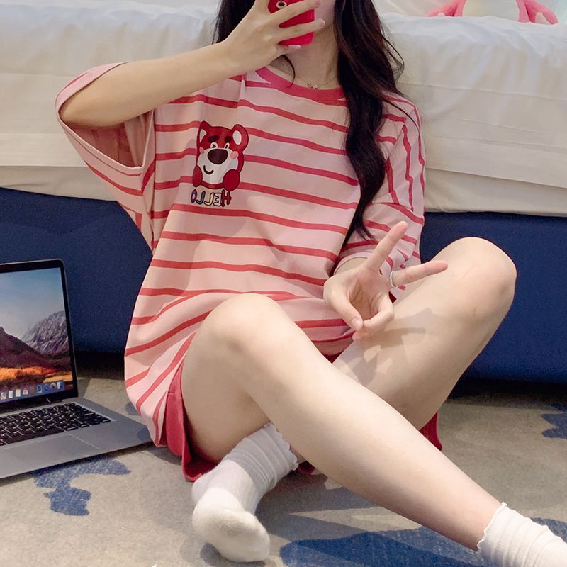 睡衣女夏季日系條紋短袖純棉可外穿草莓熊小個子套裝學生ins夏天