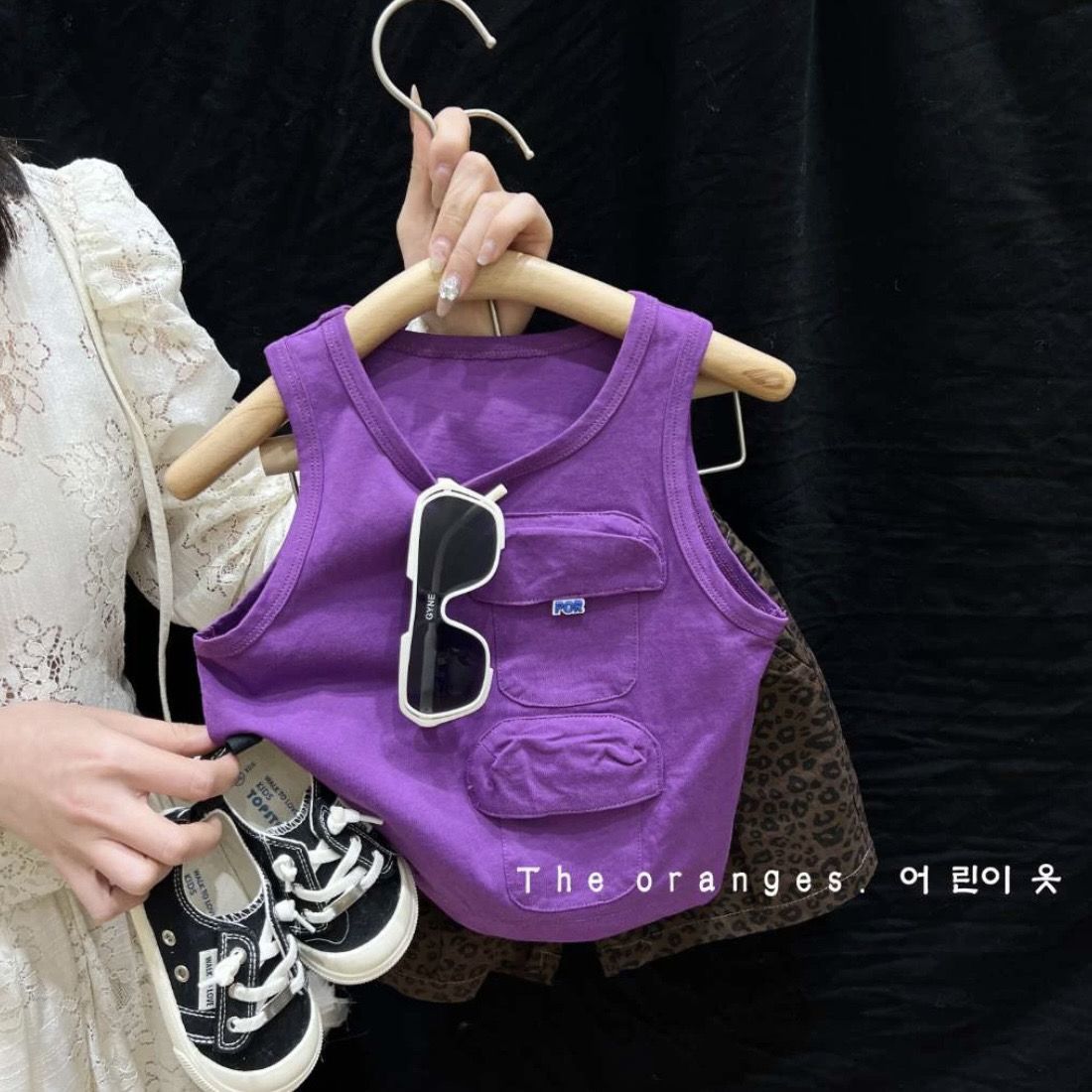 韩国洋气男童夏装套装儿童帅时髦豹纹短裤宝宝百搭紫色背心两件套