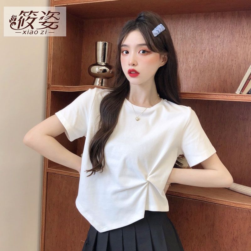 筱姿純棉白色t恤女設計感小眾夏季短袖小個子短款不規則上衣ins潮