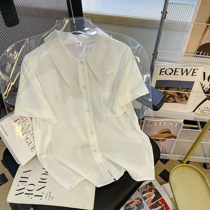 白色法式翻领衬衫女短袖设计感上衣夏装简约通勤气质职业面试衬衣