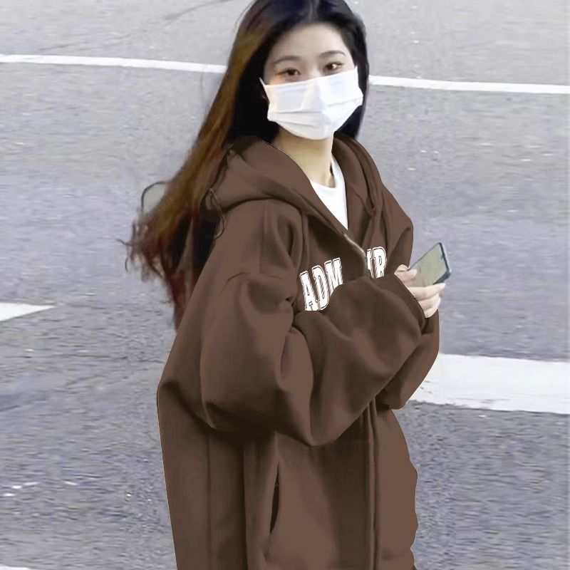 美式連帽開衫衛衣女春秋款2023新款拉鏈oversize運動休閒薄款外套