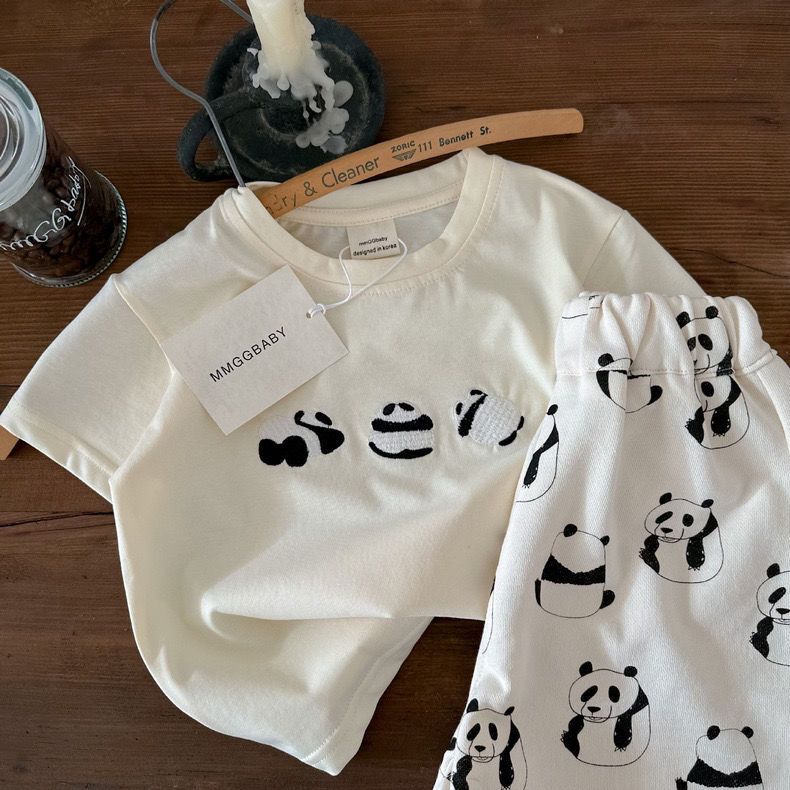 100 pure cotton children's suit 2023 new summer style two-piece set for boys and girls baby panda embroidered short-sleeved shorts