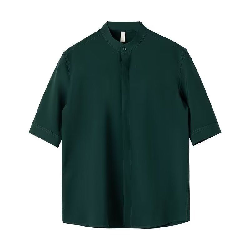 两件套短袖立领衬衫男新中式轻熟风夏季冰丝五分中袖衬衣套装潮流