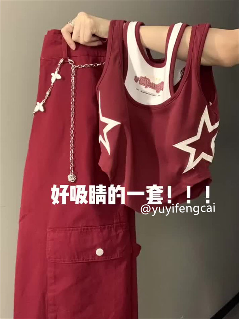夏季新款美式復古辣妹穿搭一整套設計感吊帶上衣工裝褲兩件套