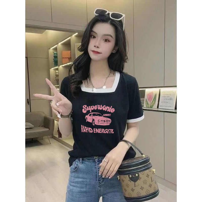 法式休閒時尚印花短袖T恤女韓版小眾氣質百搭ins潮流大碼女裝上衣