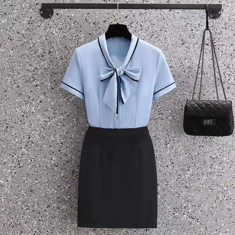 Blue shirt for women petite summer short-sleeved design niche top V-neck bow temperament shirt workwear