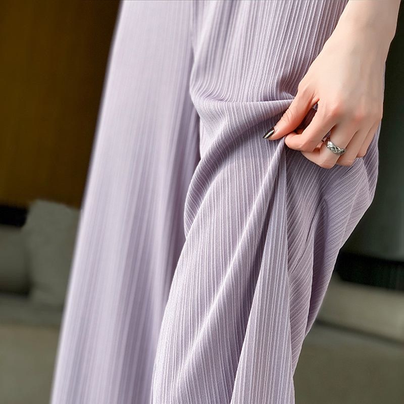 Purple ice silk wide-leg pants for small women with loose drape, summer thin straight narrow version floor-length casual pants for women