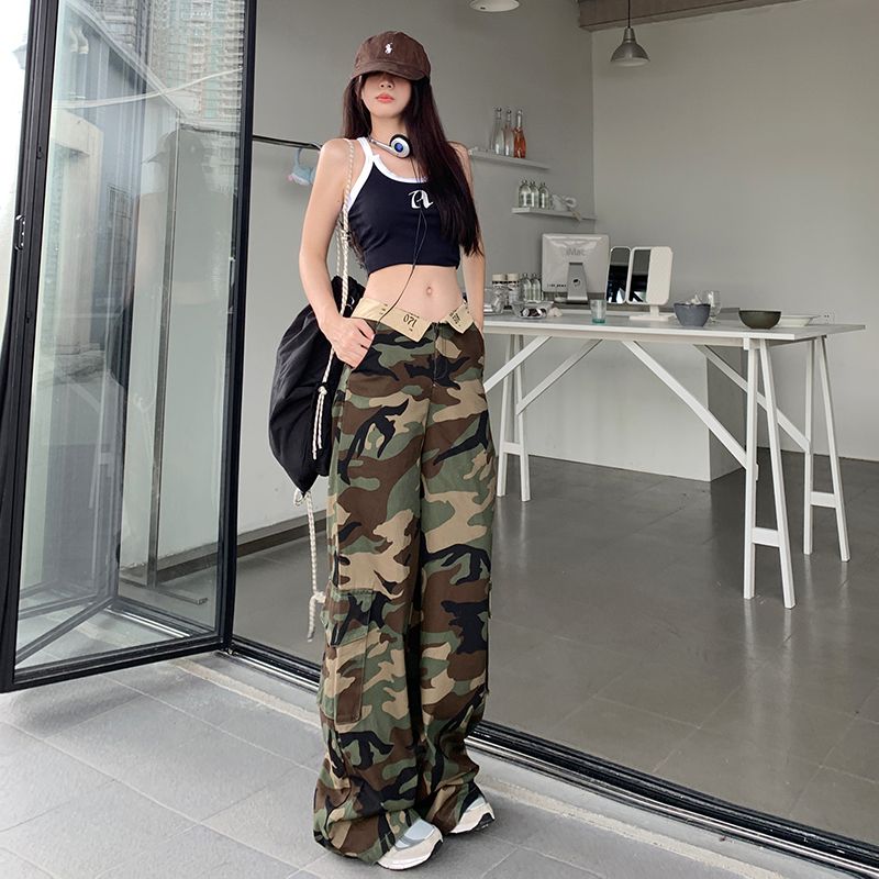 WIYI American retro hip-hop camouflage pants for women summer new hot girl high-waisted loose casual wide-leg overalls