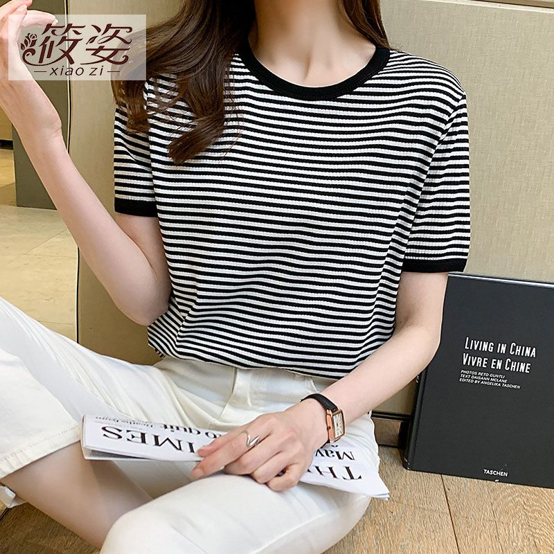 筱姿時尚圓領短袖氣質條紋t恤女2023年夏季新款復古寬鬆顯瘦衣服