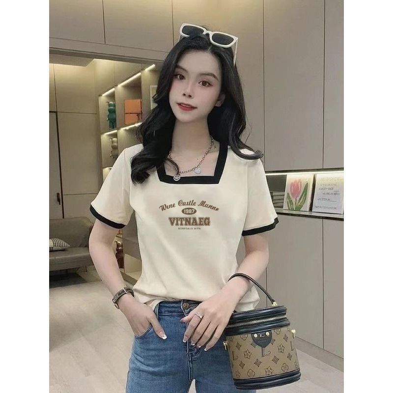 法式休閒時尚印花短袖T恤女韓版小眾氣質百搭ins潮流大碼女裝上衣