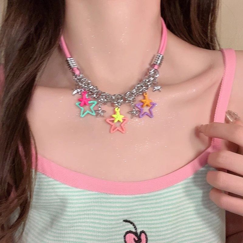 彩色夏日~甜酷辣妹彩色星星項鍊女設計感小眾鎖骨鏈2023新款頸鏈