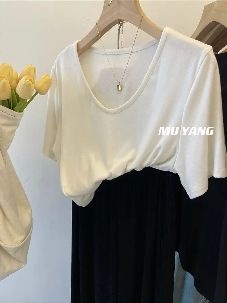 Solid color curved hem drape modal front shoulder short-sleeved t-shirt women's summer slim short bottoming simple top
