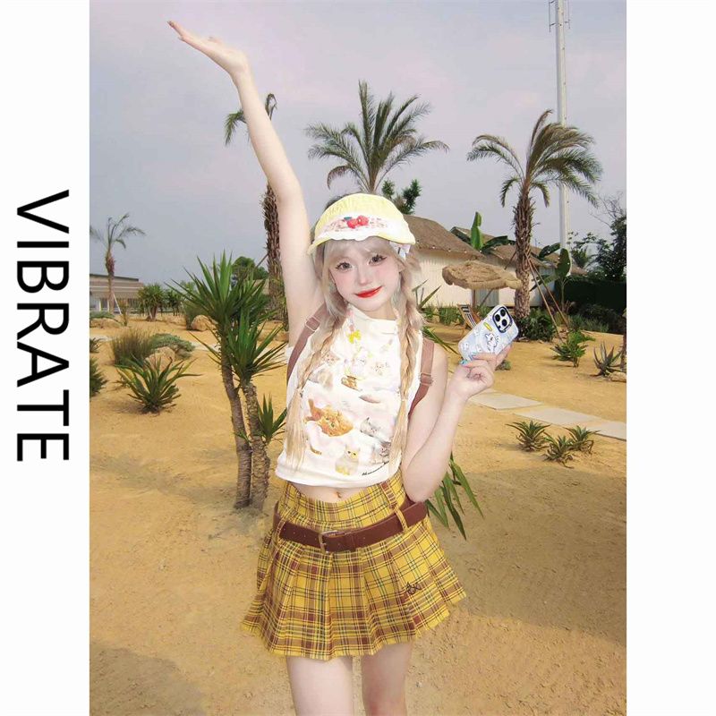 VIBRATE多巴胺短款辣妹風T恤女別致小眾印花復古小個子無袖背心潮