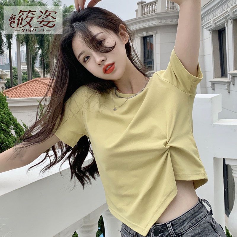 筱姿不規則短袖t恤女2023年新款夏季心機設計感小眾高腰短款上衣