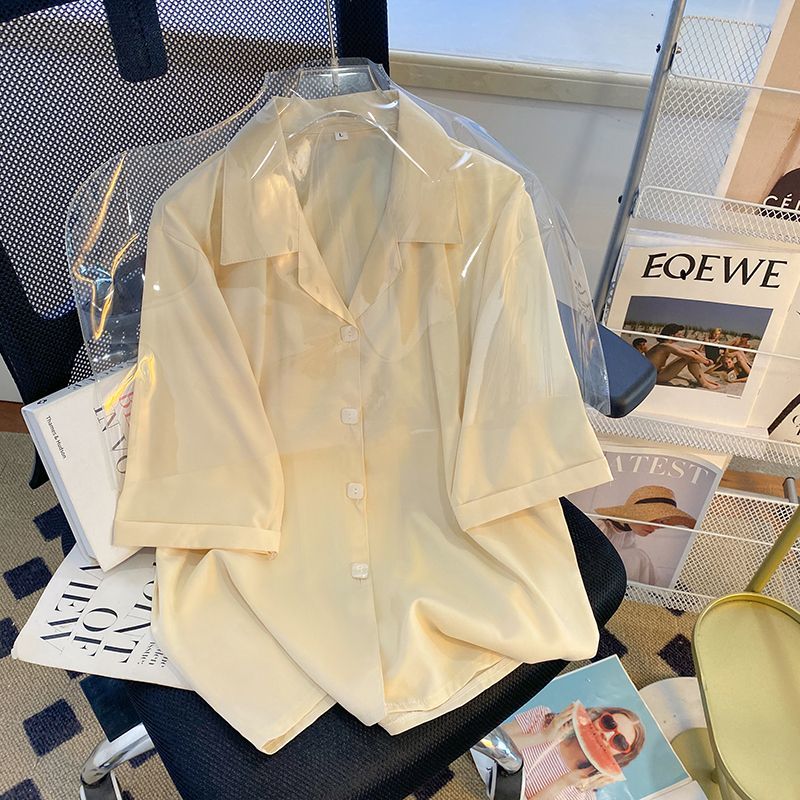 纯色短袖西装领衬衫女夏新款设计感洋气通勤法式职业宽松别致上衣