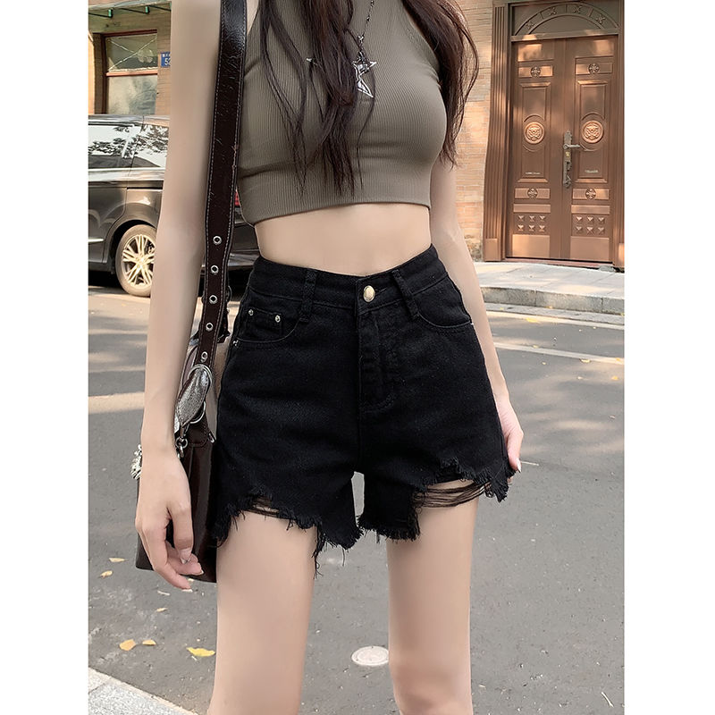 設計感小眾黑色毛邊牛仔褲女夏高腰A字闊腿短褲子小個子辣妹熱褲