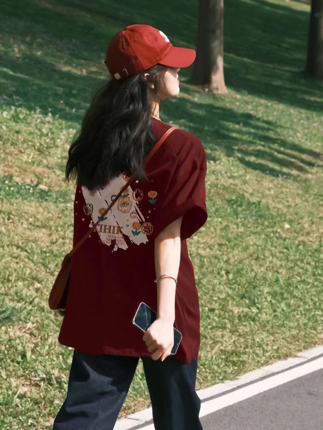 純棉小眾設計感印花酒紅色短袖t恤女高街美式潮牌ins慵懶風上衣服