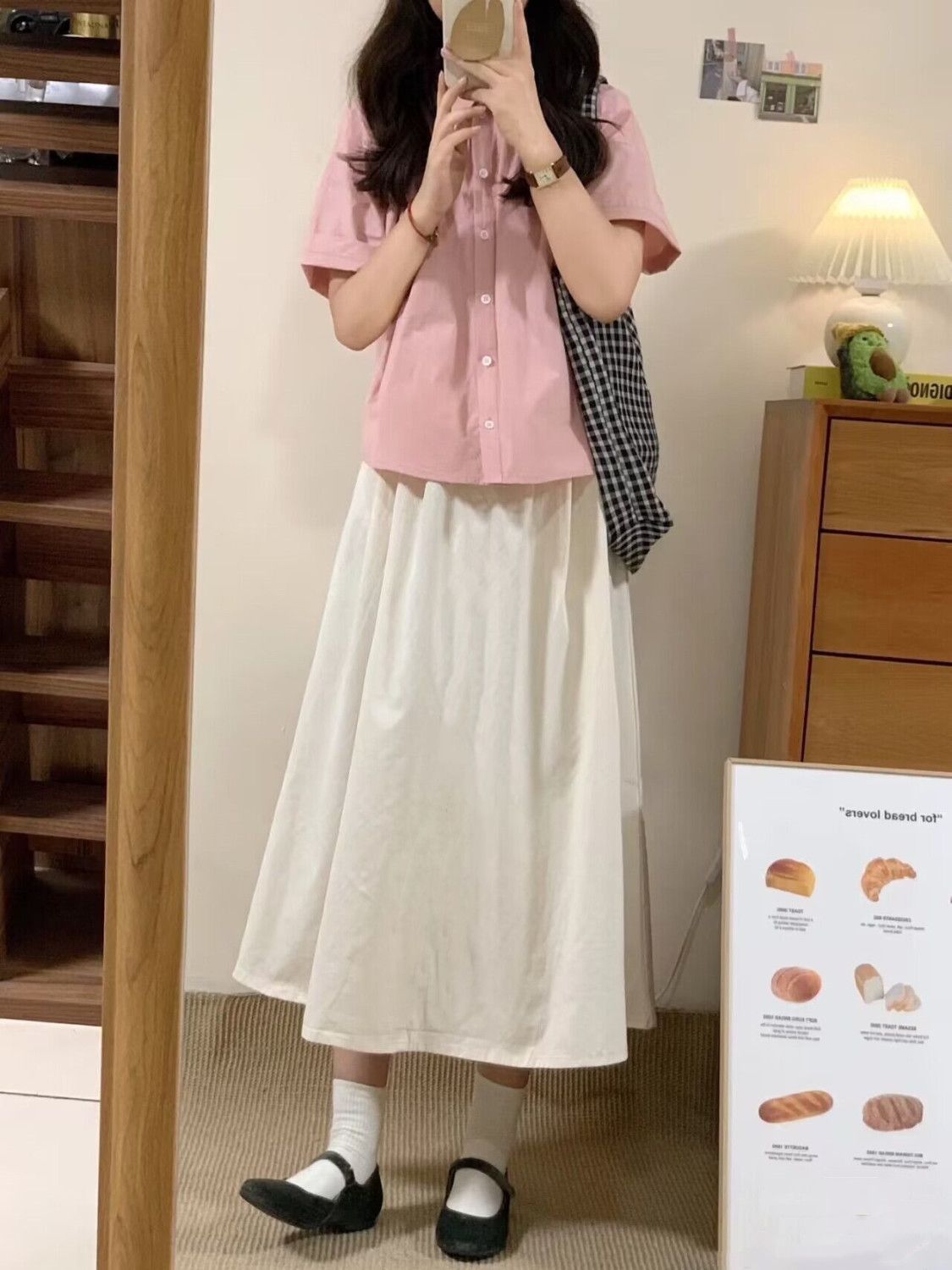日系慵懶風減齡粉色POLO領寬鬆百搭短袖襯衫A字半身裙夏季兩件套