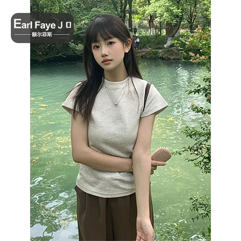 [Positive Shoulder Cotton] American Slim Short-sleeved Positive Shoulder T-Shirt Women's Summer Slim Chic Short Top Design Sense