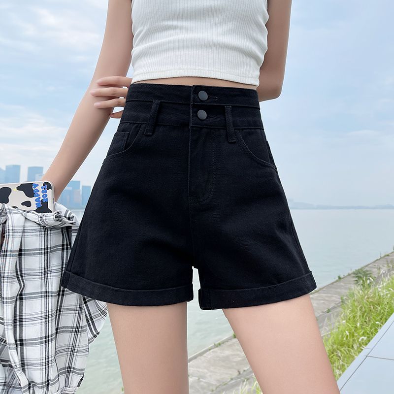 2023年新款高腰顯瘦辣妹黑色牛仔短褲女夏季寬鬆美式a字闊腿熱褲