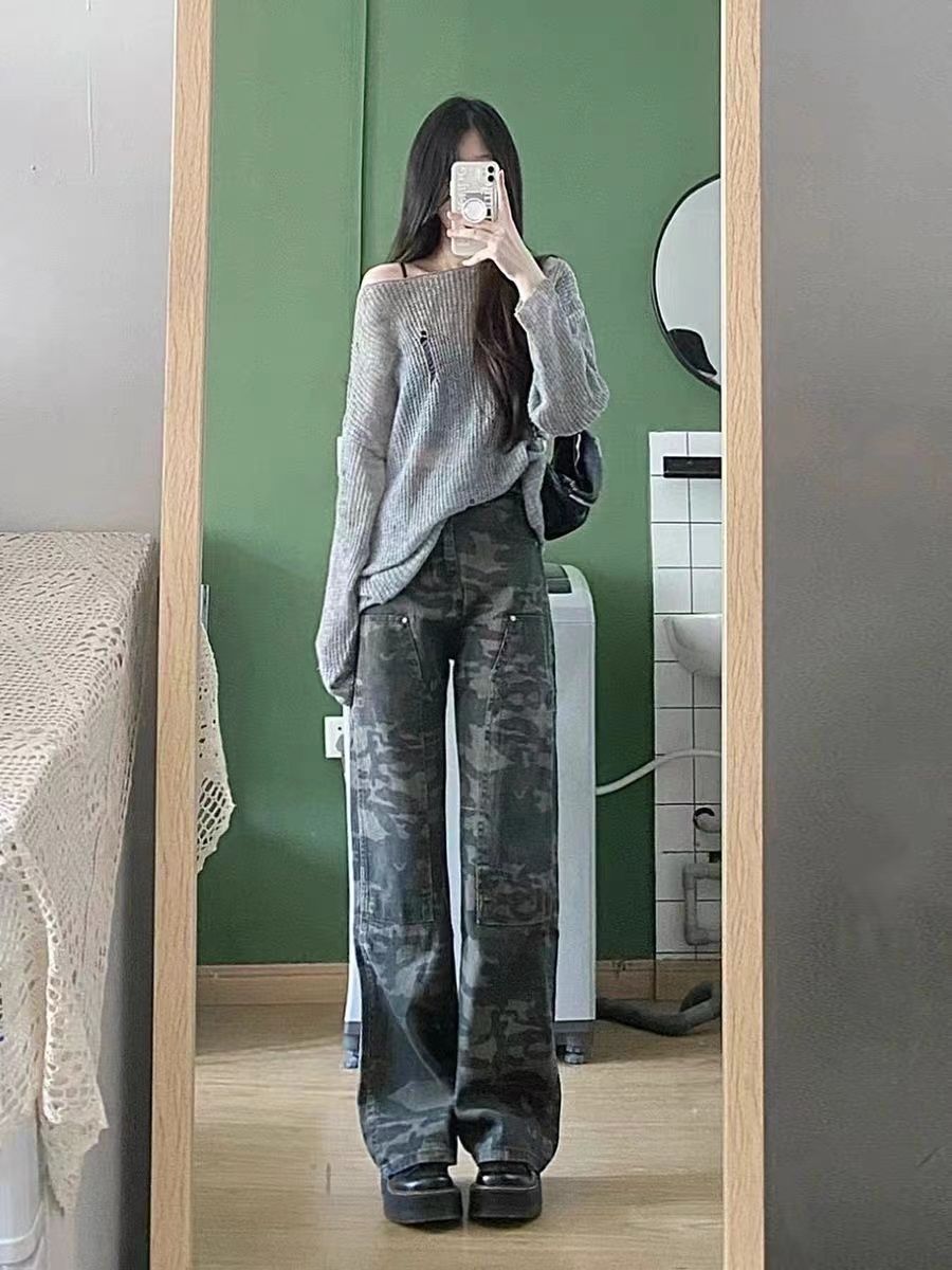 迷彩美式牛仔褲女拖地長褲直筒辣妹春秋季百搭美式潮流遮肉舞蹈褲