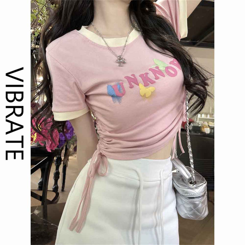 VIBRATE sweet and spicy letter printing short-sleeved T-shirt women's summer 2023 new contrast color drawstring top ins tide
