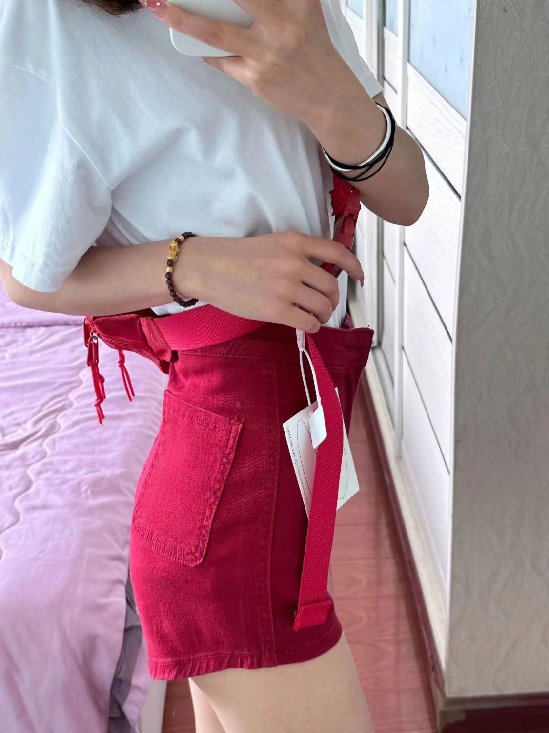 紅色牛仔短褲女水洗直筒包臀a字型顯腿長甜辣夏季小眾復古美式潮
